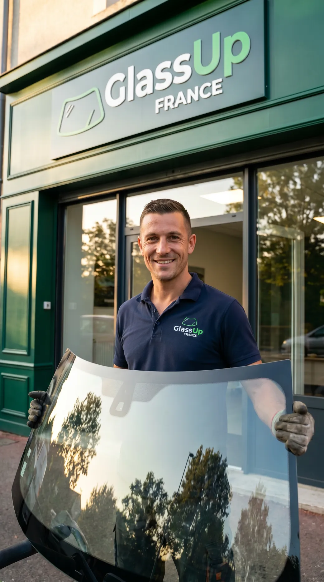 Technicien GlassUp France portant un pare-brise neuf devant l'atelier